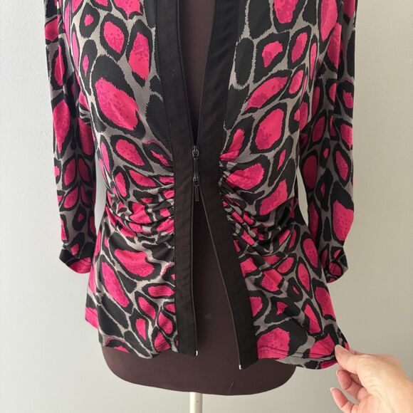 Joseph Ribkoff Top Womens 12 Pink Black Animal Print Zip Front Stretch Mobwife - Picture 3 of 16